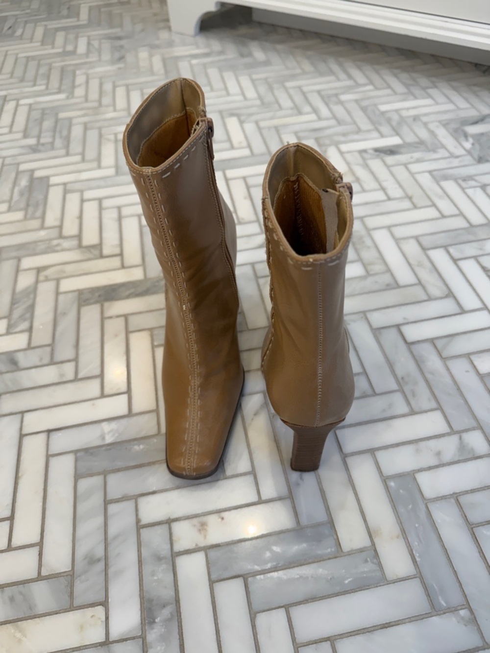 Paprika Tan Faux Leather Mid-Calf Heel Boots - Picture 3 of 6
